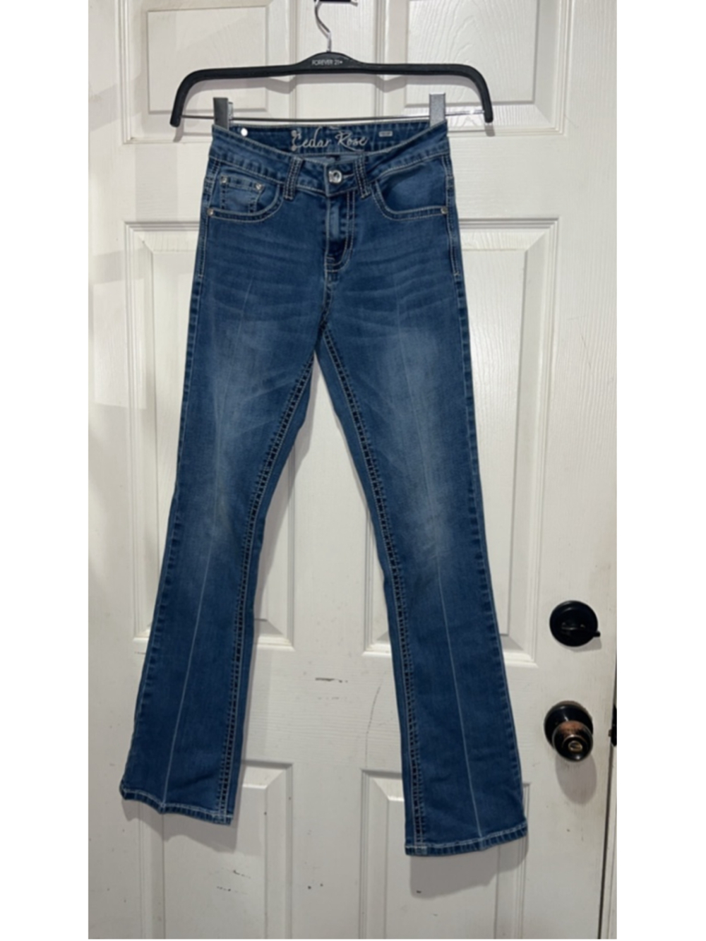 Women's Cedar Rose Blue Boot Cut Jeans with Purple Embellishments, Size 14